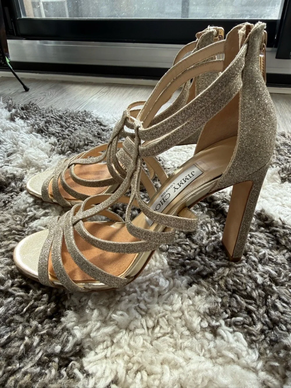 Jimmy Choo Gold Glitter Strappy Block Heel Sandals - Picture 5 of 9